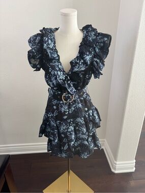 ELLIATT Black/Blue Floral Ruffle Mini Dress with Belt (Size S)